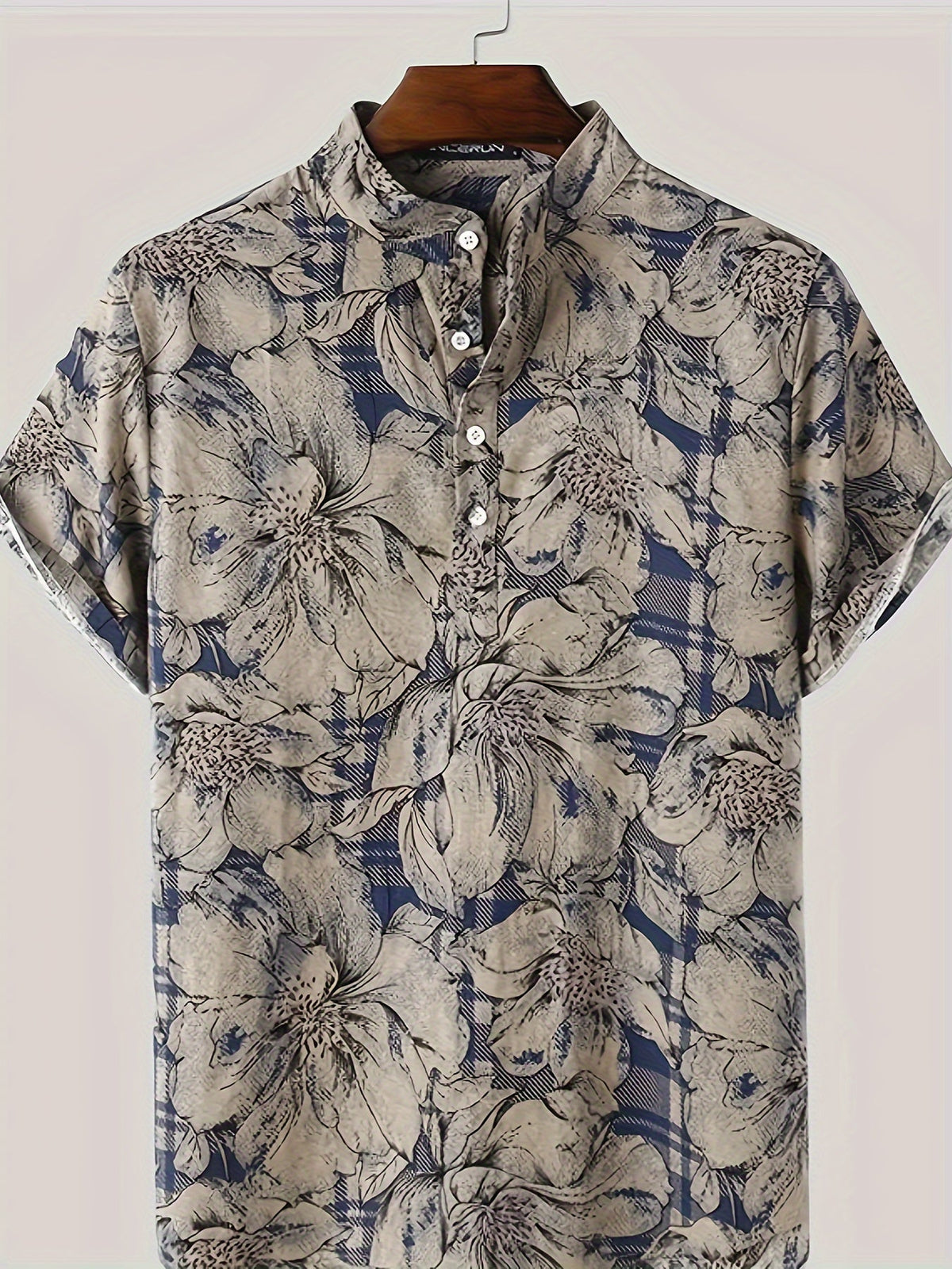 Camisa Masculina Henley Manga Curta Floral Em Algodão e Linho Estilo Casual de Verão