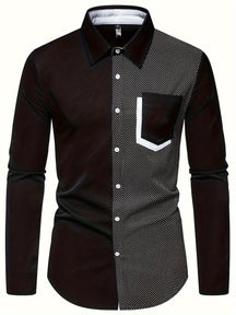 Camisa Masculina de Manga Longa com Estampa em Blocos de Cores Estilo Moderno