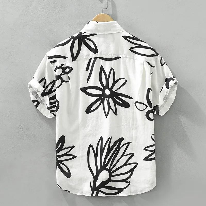 Camisa Manga Curta Masculina de Linho Belga Flower