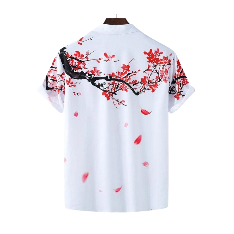 Camisa Manga Curta Masculina Branca com Estampa de Sakura