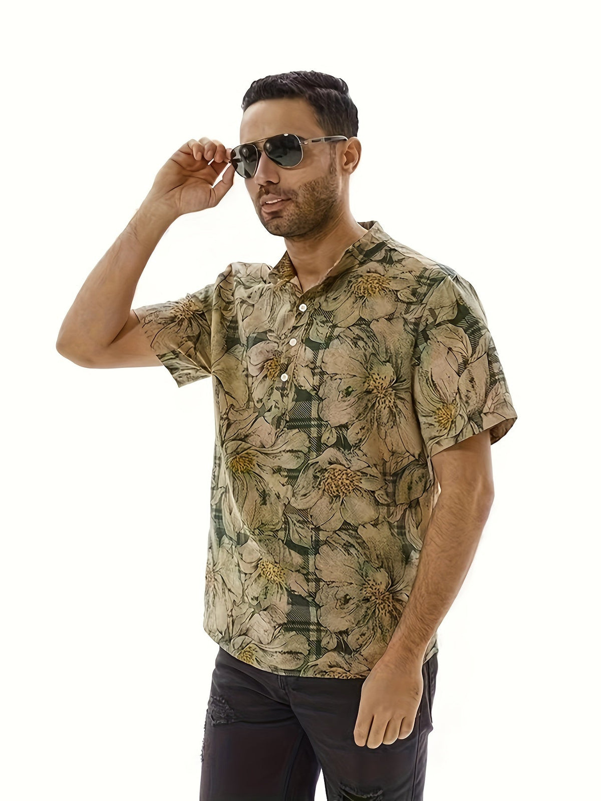 Camisa Masculina Henley Manga Curta Floral Em Algodão e Linho Estilo Casual de Verão