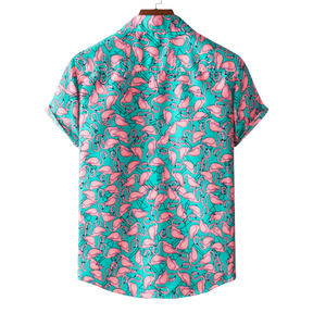 Camisa Manga Curta Masculina Estampa de Flamingos - Moda Verão