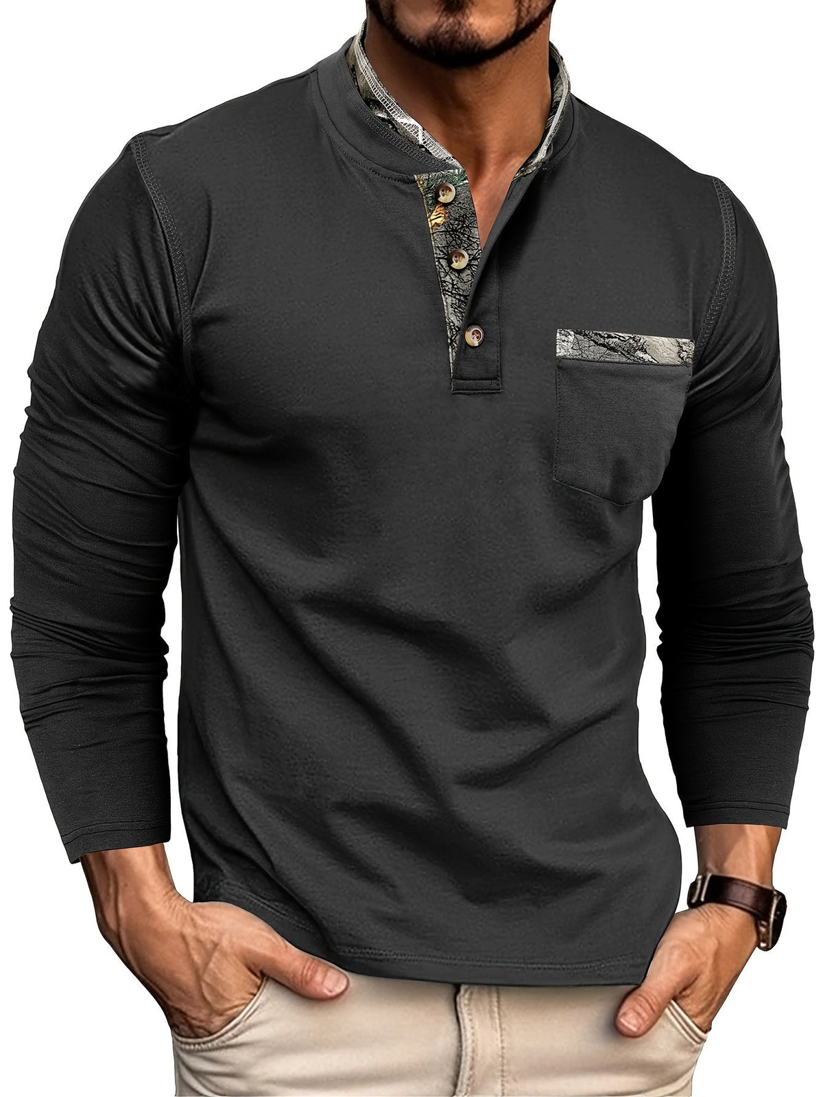 Camisa Masculina Manga Longa Algodão e Linho Gola Redonda Com Detalhes Elegante