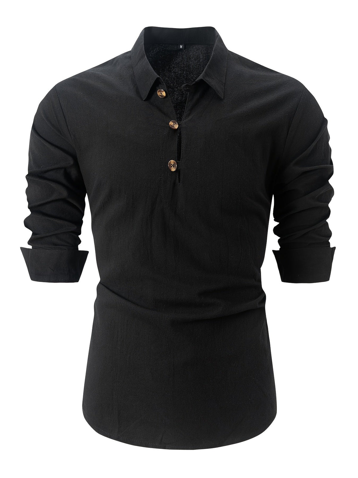 Camisa Masculina de Linho Manga Longa Cor Sólida com Botões Moda Elegante