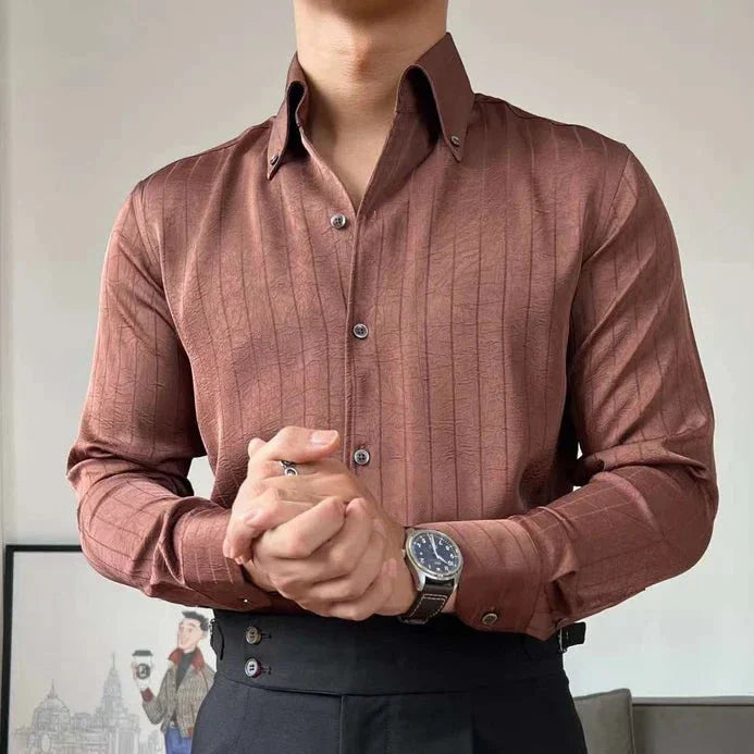 Camisa Masculina de Seda Manga Longa Texturizada com Botões