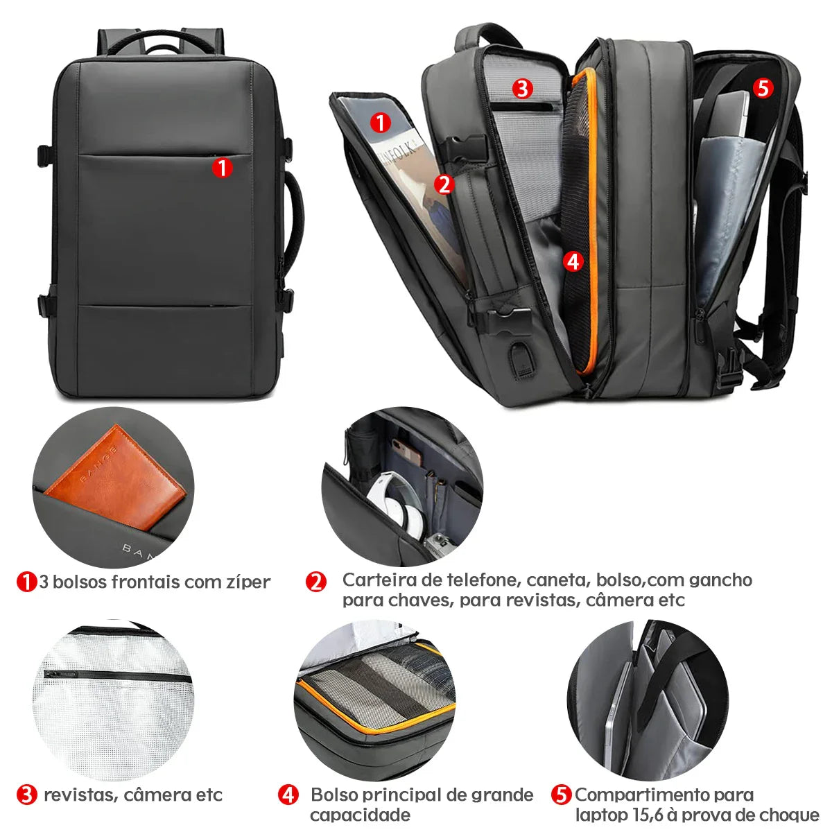 Mochila Para Viagem Masculina Porta USB Expansível Grande Capacidade Impermeável