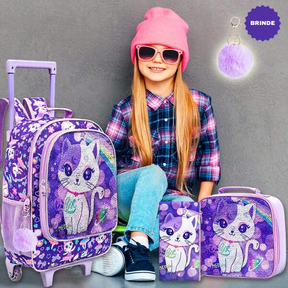 Kit Escolar 3 Peças de Gato Fofo para Meninas: Mochila de Rodinhas, Lancheira e Estojo - Promoção de Inverno Julho