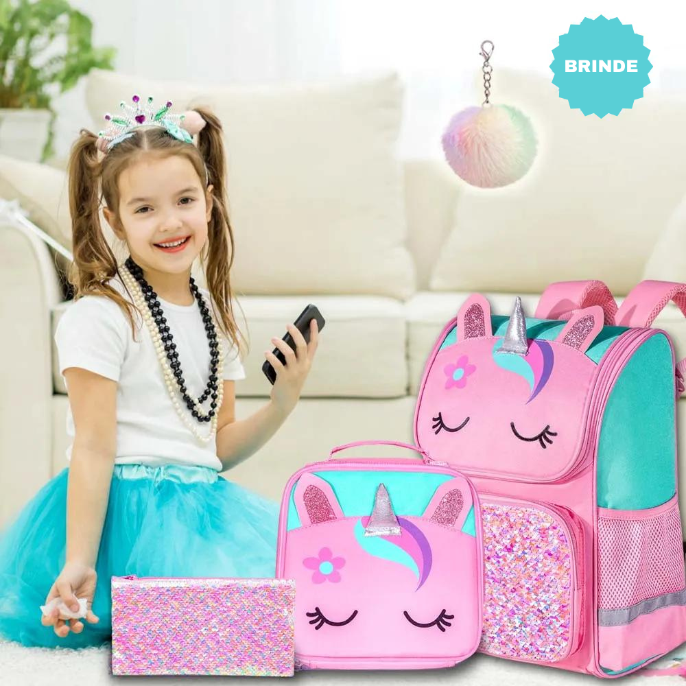 Kit Escolar 4 em 1 de Unicórnio para Meninas: Mochila, Lancheira, Estojo e Chaveiro Pompom