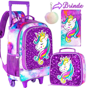 Kit Escolar 3 Peças com Design de Unicórnio para Meninas: Mochila com Rodinhas, Lancheira e Estojo