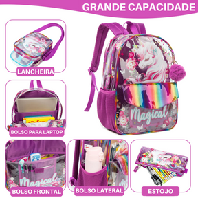 Kit Escolar Infantil de Unicórnio para Meninas com 4 Peças: Mochila, Lancheira, Estojo e Chaveirinho de Brinde