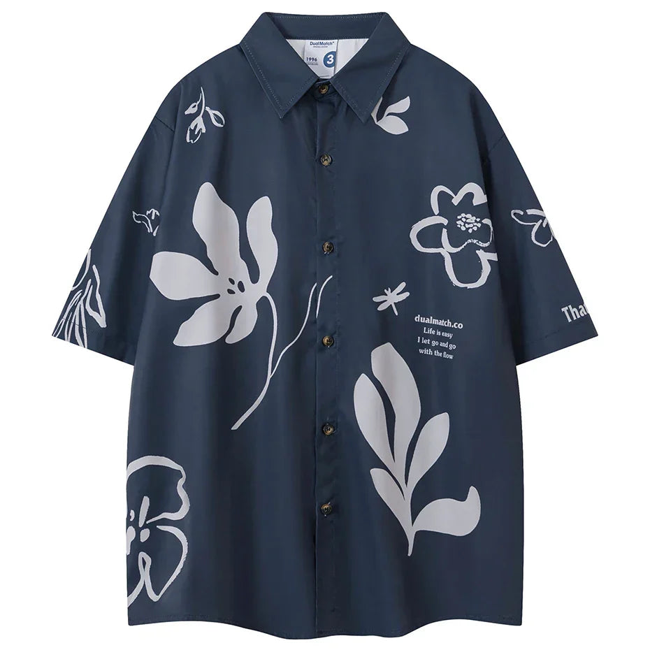 Camisa Manga Curta Masculina Floral Azulon