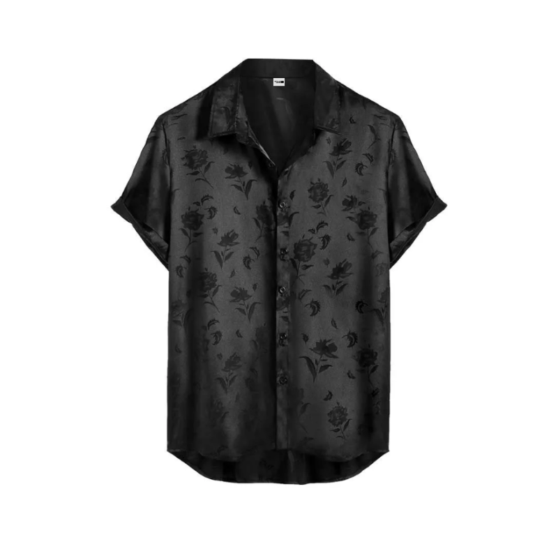 Camisa Manga Curta Masculina de Cetim Black Flowers