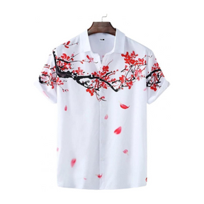 Camisa Manga Curta Masculina Branca com Estampa de Sakura