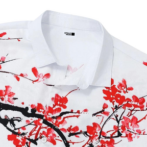 Camisa Manga Curta Masculina Branca com Estampa de Sakura