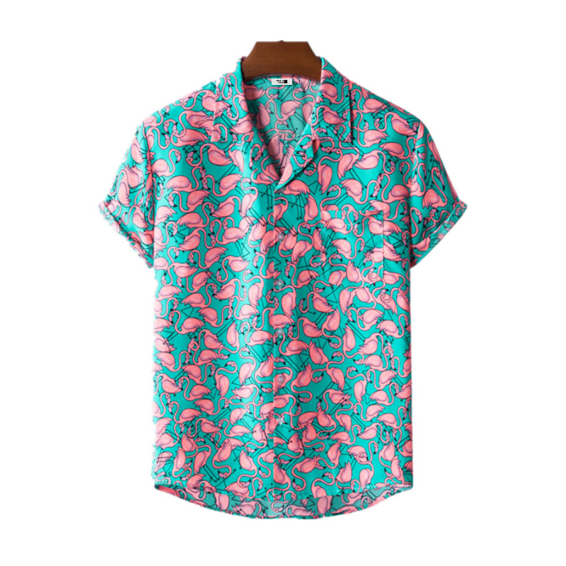 Camisa Manga Curta Masculina Estampa de Flamingos - Moda Verão