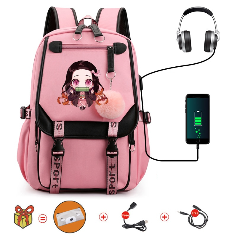 Mochila Escolar Nezuko - Com Entrada de Fone de Ouvido e USB + Brindes - MCH83