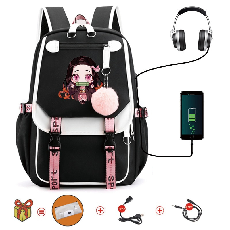 Mochila Escolar Nezuko - Com Entrada de Fone de Ouvido e USB + Brindes - MCH83