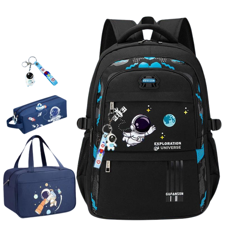 Kit Escolar Astronauta para Meninos com 4 Peças: Mochila, Lancheira, Estojo e Chaveiro - Promoção de Agosto