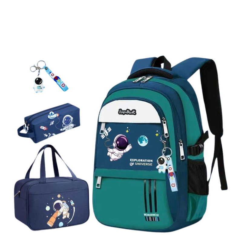 Kit Escolar Astronauta para Meninos com 4 Peças: Mochila, Lancheira, Estojo e Chaveiro - Promoção de Agosto