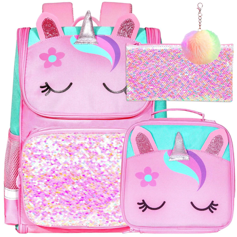 Kit Escolar 4 em 1 de Unicórnio para Meninas: Mochila, Lancheira, Estojo e Chaveiro Pompom