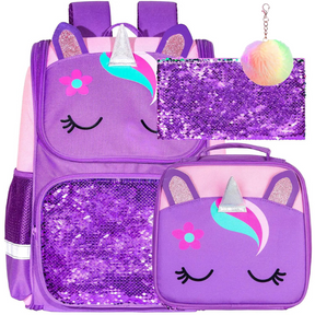 Kit Escolar 4 em 1 de Unicórnio para Meninas: Mochila, Lancheira, Estojo e Chaveiro Pompom