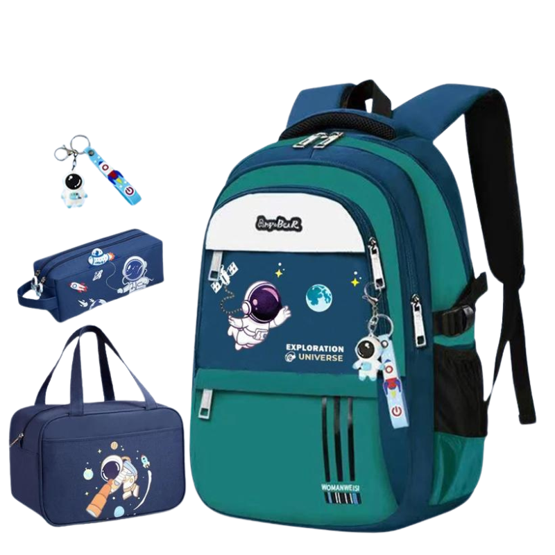 Kit Escolar Astronauta para Meninos com 4 Peças: Mochila, Lancheira, Estojo e Chaveiro - Promoção de Agosto