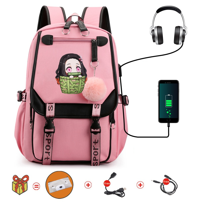 Mochila Escolar Nezuko - Com Entrada de Fone de Ouvido e USB + Brindes - MCH83