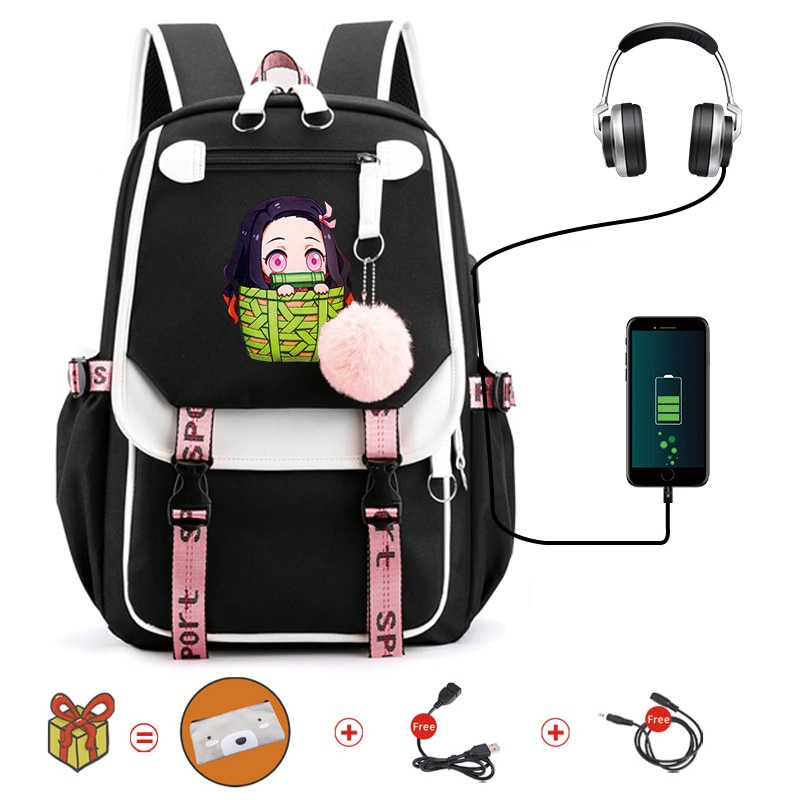 Mochila Escolar Nezuko - Com Entrada de Fone de Ouvido e USB + Brindes - MCH83