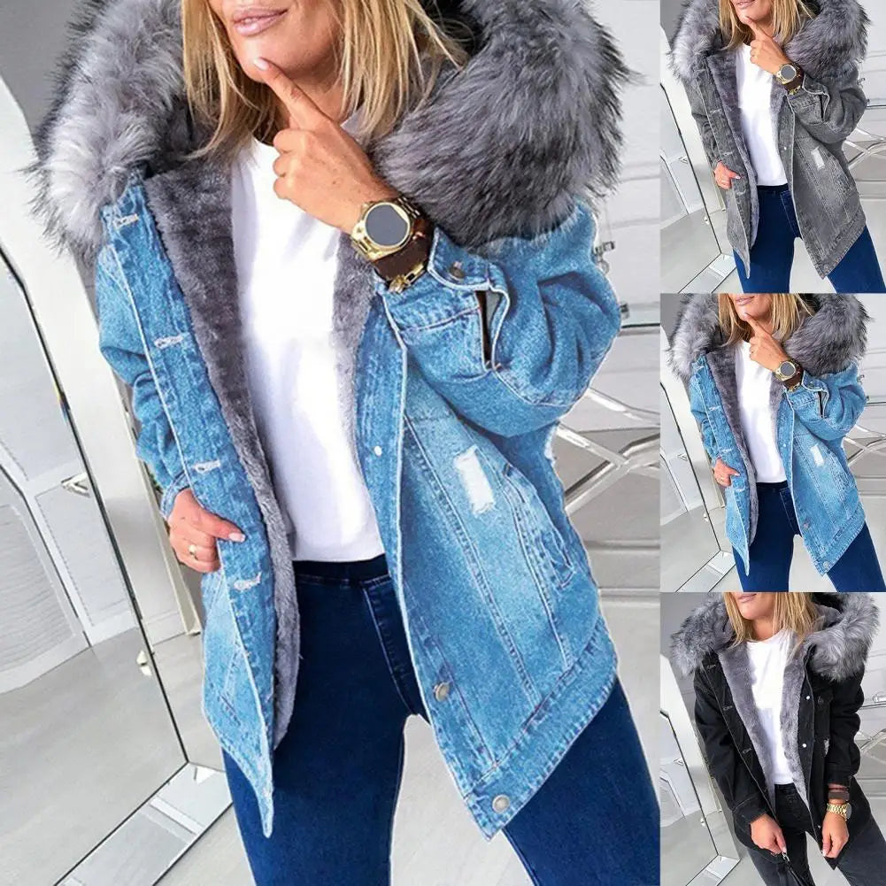 Jaqueta Jeans Feminina Com Capuz Felpudo Casaco Longo Estilo Parka Com Botões