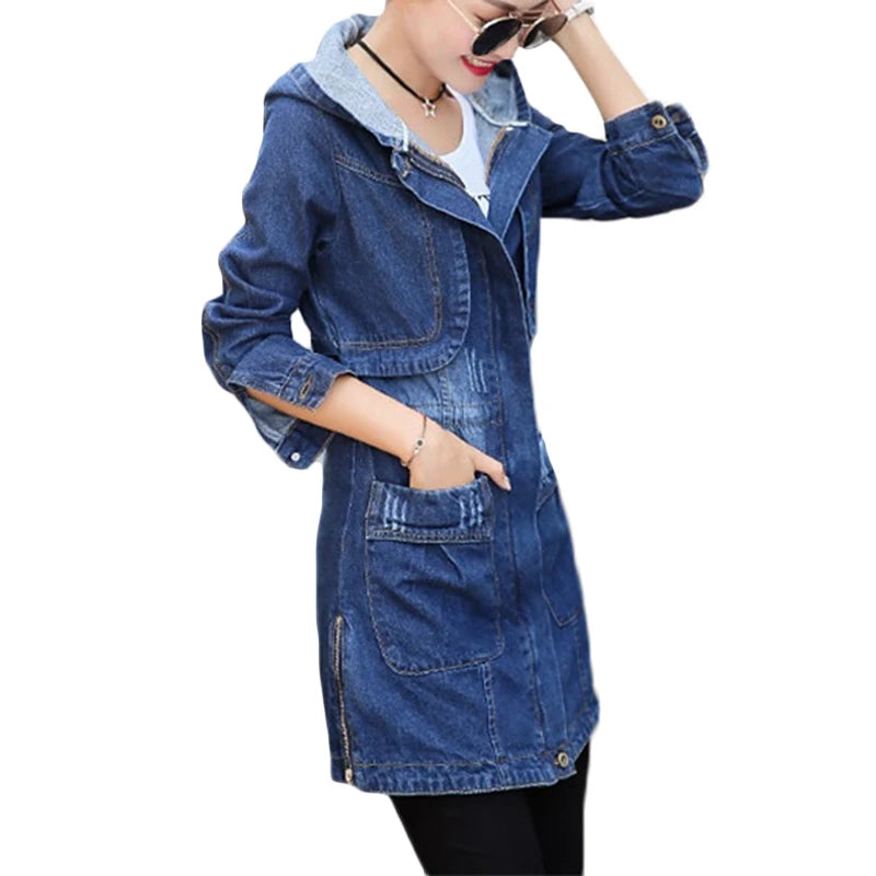 Jaqueta Jeans Feminina Com Capuz E Zíper Casaco Ajustável Moda Inverno