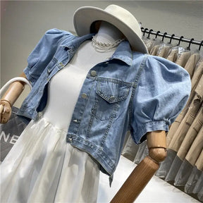 Jaqueta Jeans Feminina Curta Manga Bufante Princesa Tendência