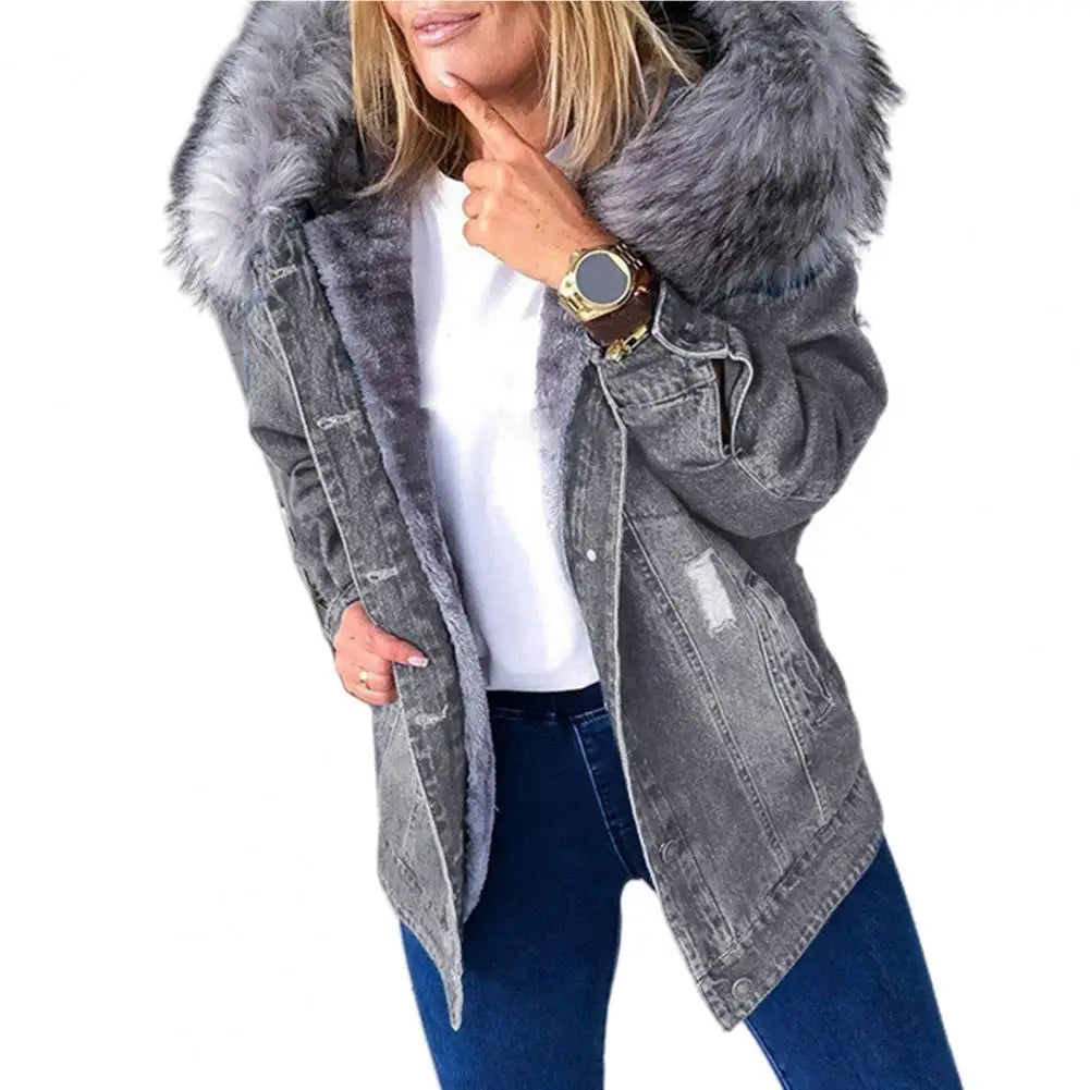 Jaqueta Jeans Feminina Com Capuz Felpudo Casaco Longo Estilo Parka Com Botões