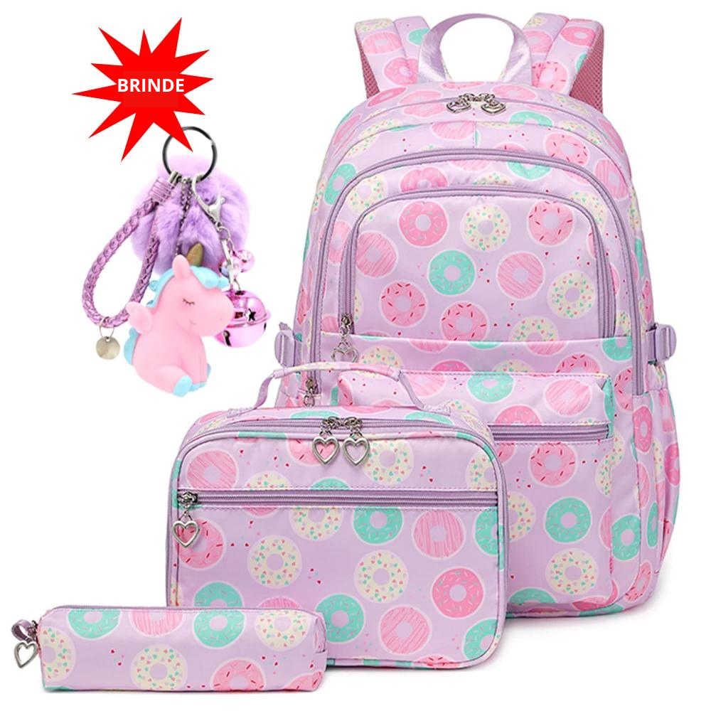 Kit Escolar 4 Peças para Meninas: Mochila, Lancheira, Estojo e Chaveiro de Brinde