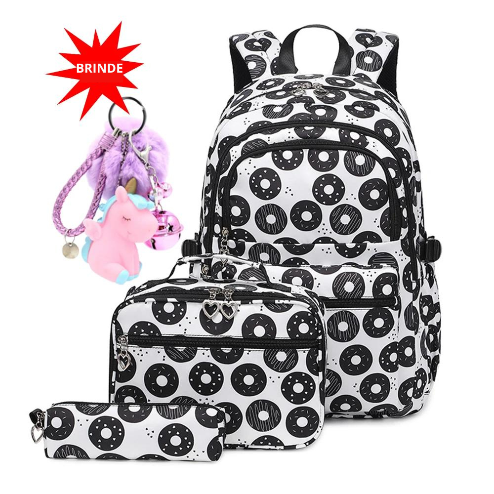 Kit Escolar 4 Peças para Meninas: Mochila, Lancheira, Estojo e Chaveiro de Brinde