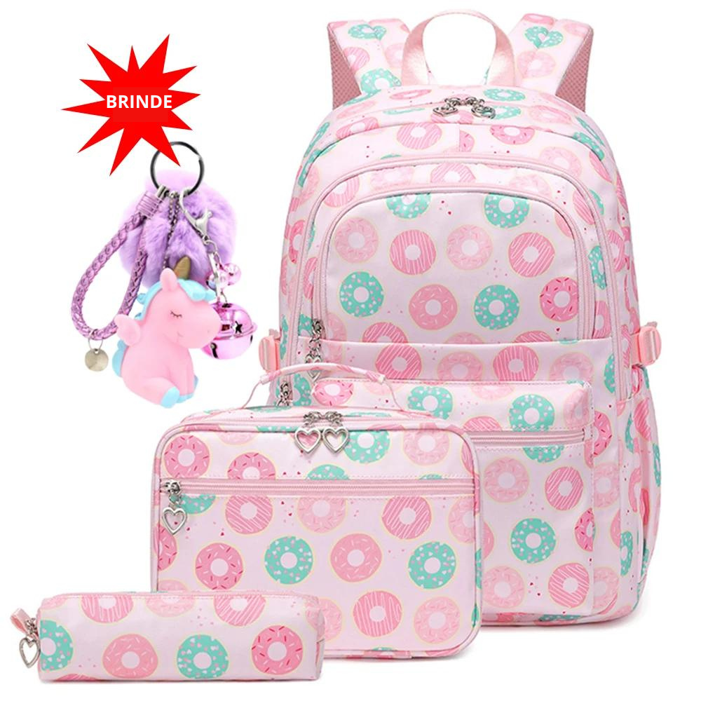 Kit Escolar 4 Peças para Meninas: Mochila, Lancheira, Estojo e Chaveiro de Brinde