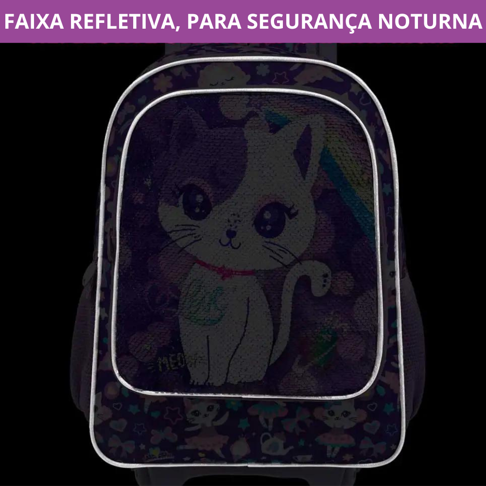 Kit Escolar 3 Peças de Gato Fofo para Meninas: Mochila de Rodinhas, Lancheira e Estojo - Promoção de Inverno Julho