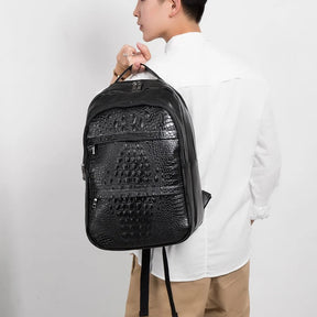 Mochila Masculina de Couro Genuíno com Textura de Crocodilo