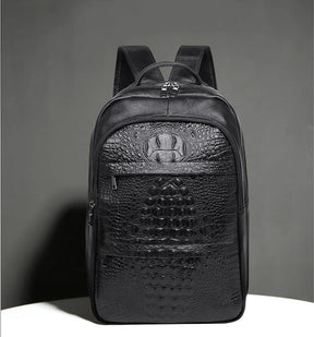 Mochila Masculina de Couro Genuíno com Textura de Crocodilo