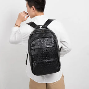 Mochila Masculina de Couro Genuíno com Textura de Crocodilo