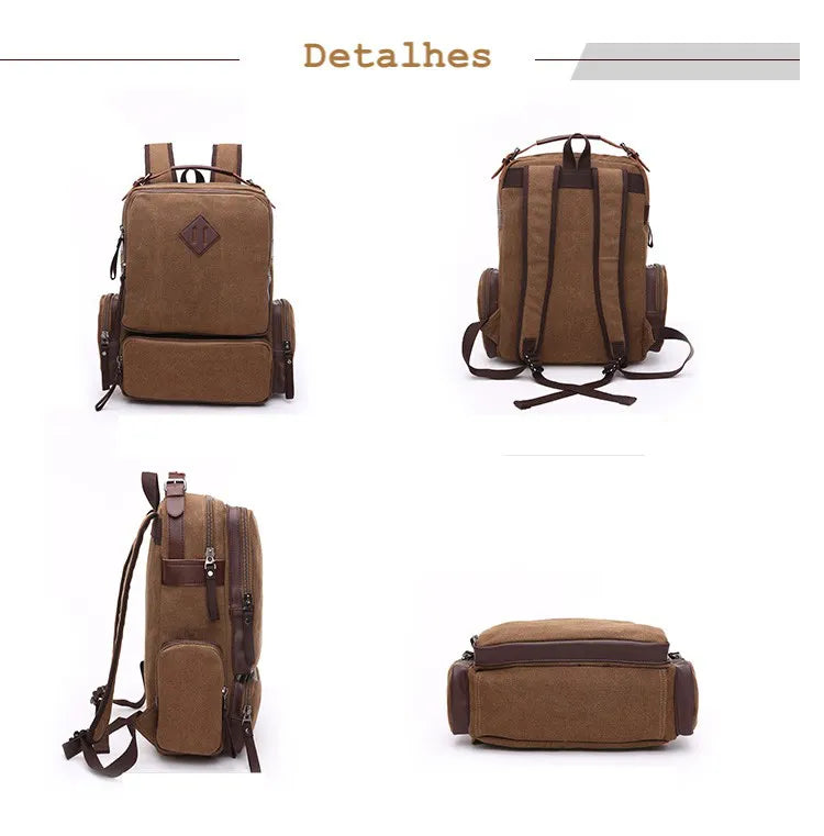 Mochila de Lona e Couro Masculina - Suporta Notebook até 15,6" ClassicPro