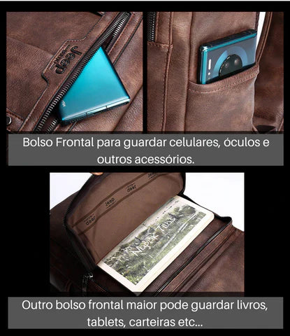 Mochila Masculina de Couro Legítimo Jeep para Notebook 15,6"