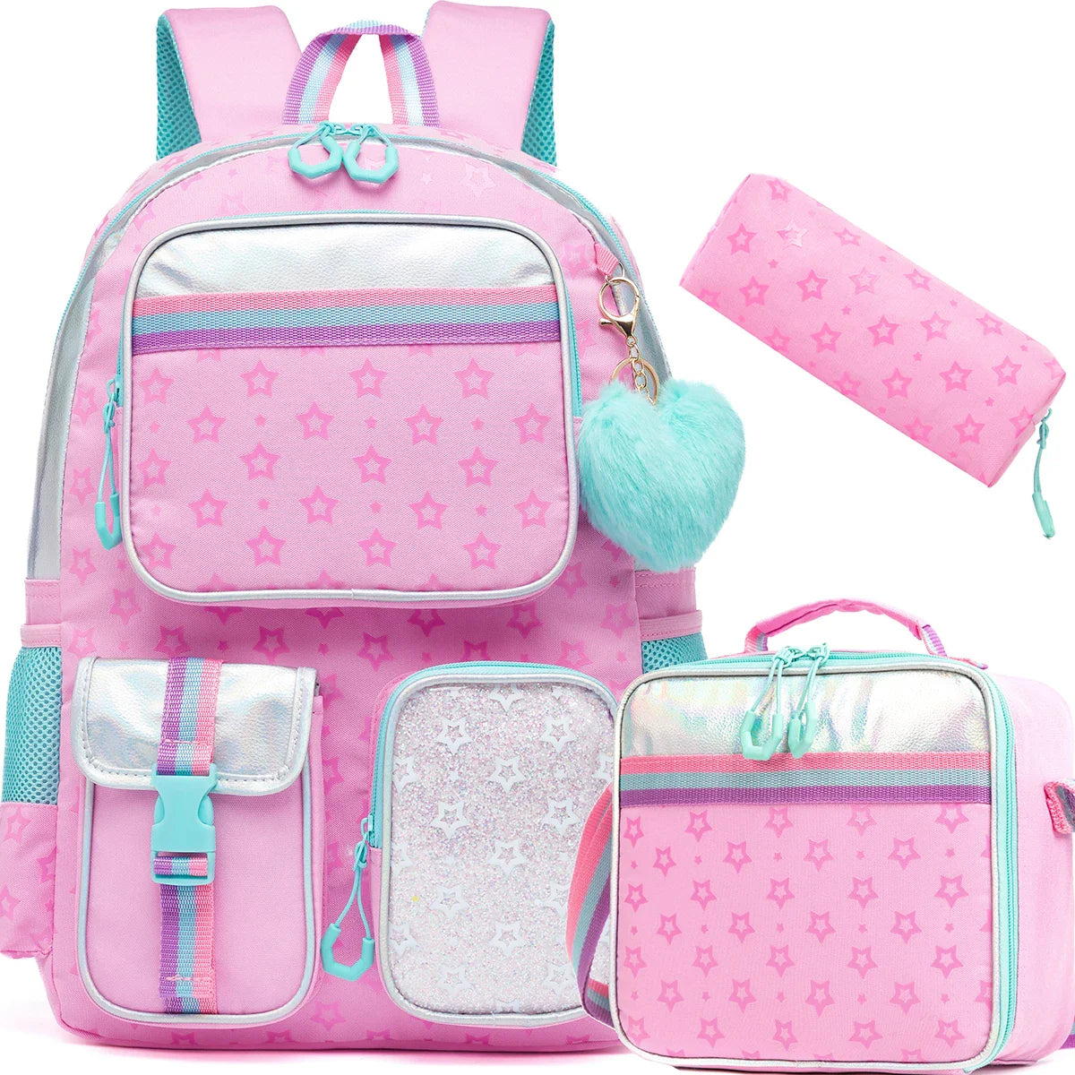 Conjunto Escolar Estrelado com 3 Peças para Meninas: Mochila, Lancheira e Estojo