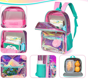 Kit Mochila Escolar Feminina Com Glliter Estampa Coração Conjunto Completo