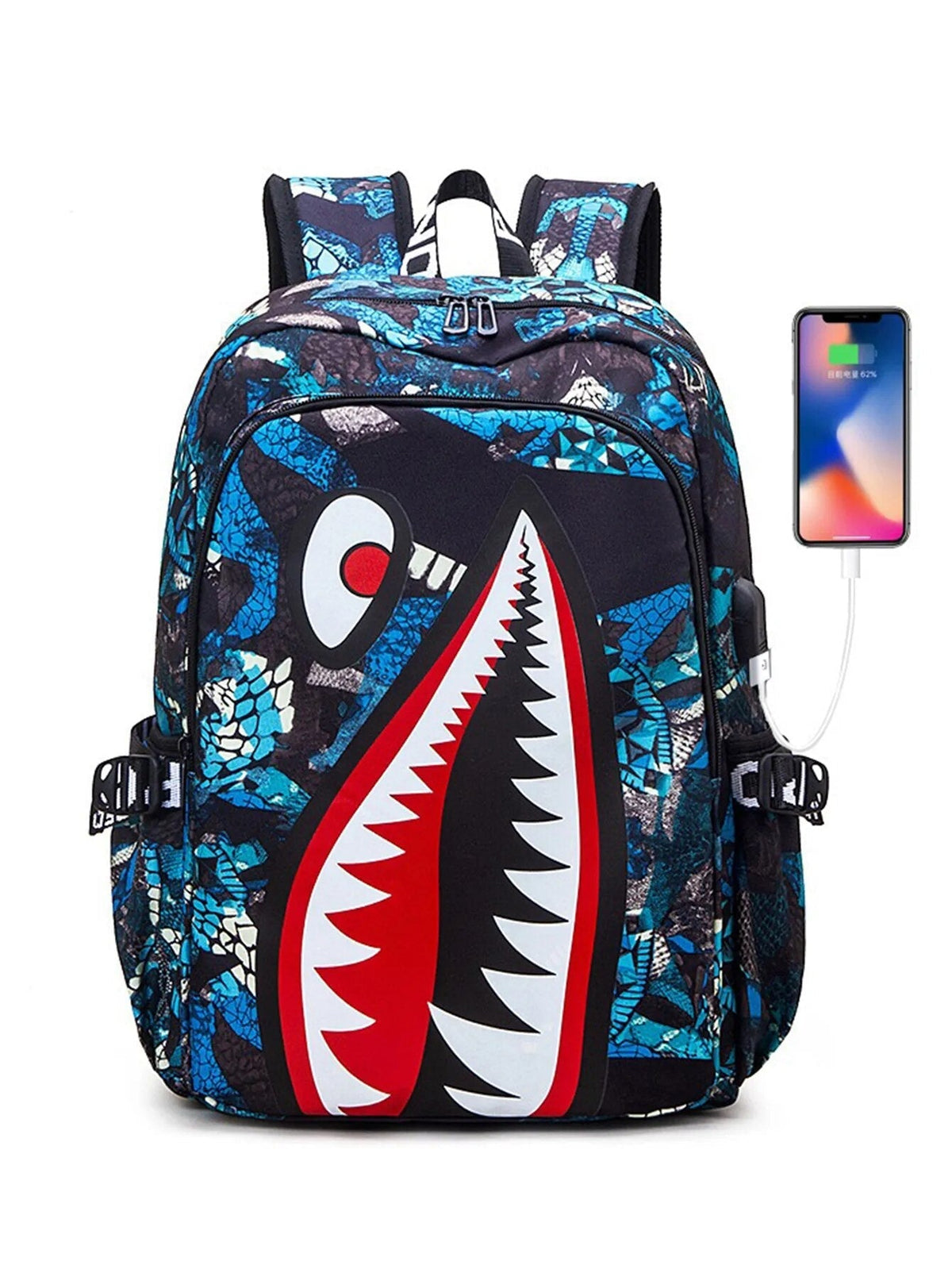 Mochila Escolar Para Meninos Tubarão com Porta de Carregamento USB - MCH111