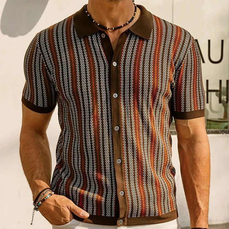 Camisa Masculina Polo de Manga Curta com Botões Malha Luxuosa Estilo Vintage