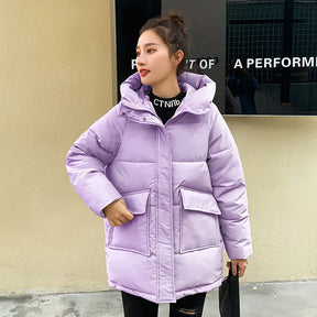 Jaqueta Acolchoada Feminina Gola Alta Com Capuz Parka Média Para Inverno