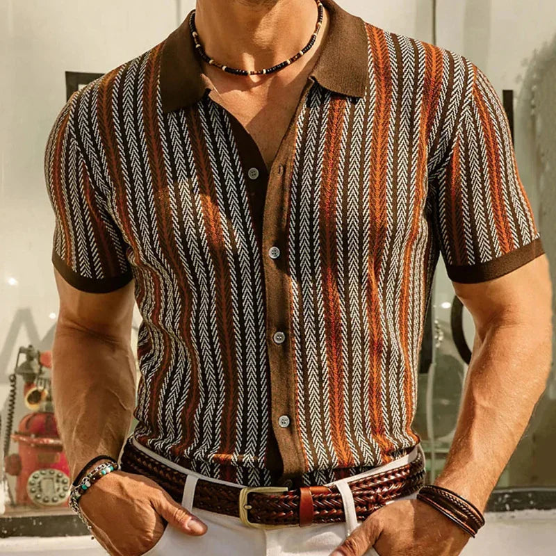 Camisa Masculina Polo de Manga Curta com Botões Malha Luxuosa Estilo Vintage