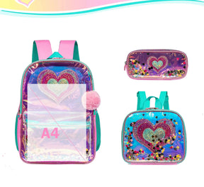 Kit Mochila Escolar Feminina Com Glliter Estampa Coração Conjunto Completo