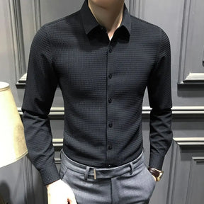 Camisa Social Masculina Manga Longa Malha Texturizada Com Botões