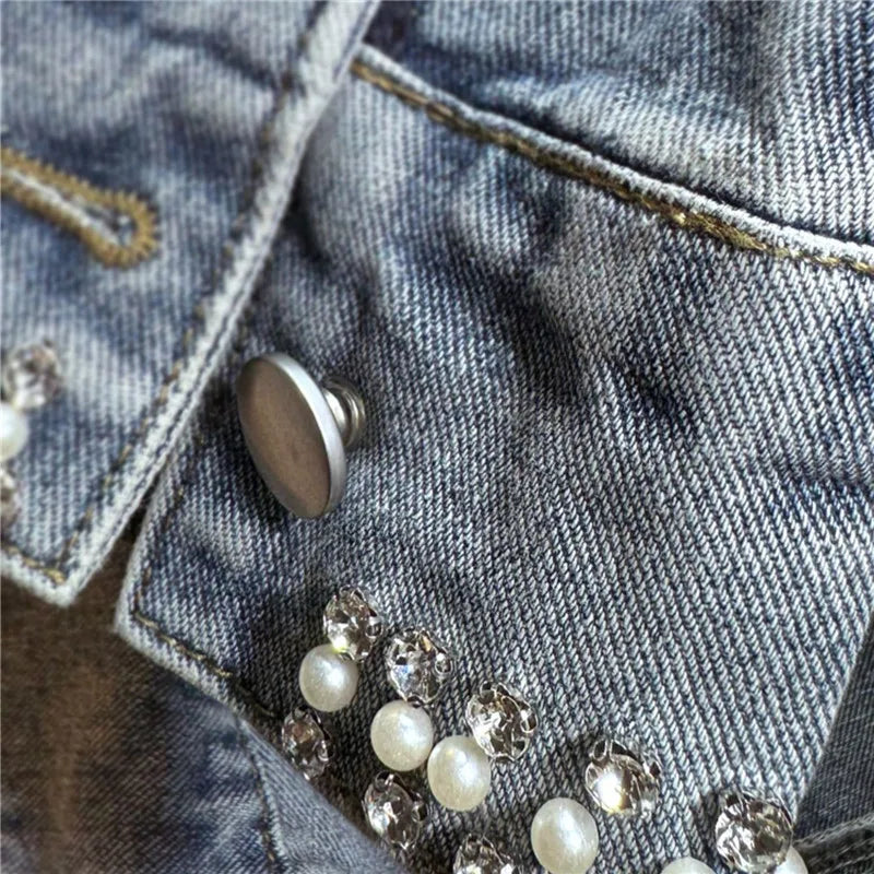 Jaqueta Jeans Feminina Curta Cravejada Com Strass Tendência Moda Casual